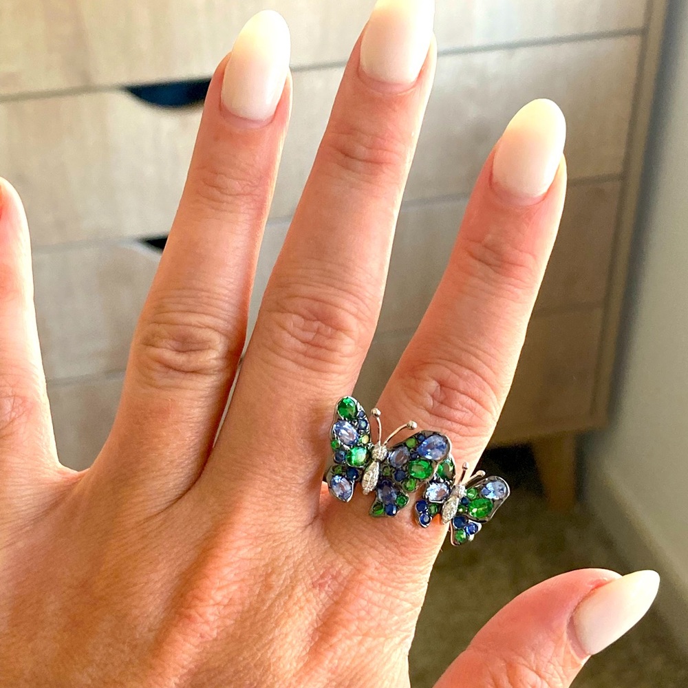 Diamond and gemstone butterfly ring. White gold band. NWOT. Size 7